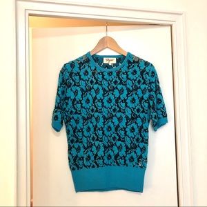 TATYANA short sleeve blue floral sweater with mesh